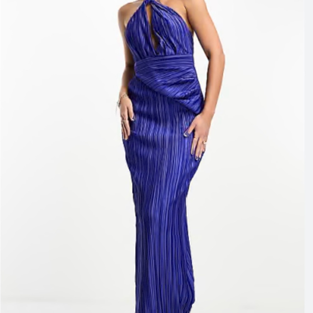 ASOS DESIGN Tall plunge halter cowl back plisse maxi dress in cobalt blue